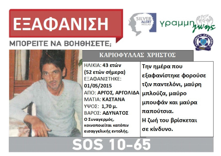 Η ανακοίνωση του Silver Alert το 2024 για τον Χρήστο Καριοφύλλια Η ανακοίνωση του Silver Alert το 2024 για τον Χρήστο Καριοφύλλια