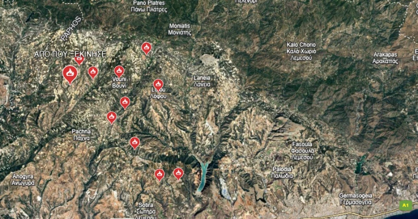 Χάρτης με την περιοχή από όπου ξεκίνησε η φωτιά και τις περιοχές που κινήθηκε το πύρινο μέτωπο. Πηγή: Sigmalive.com Χάρτης με την περιοχή από όπου ξεκίνησε η φωτιά και τις περιοχές που κινήθηκε το πύρινο μέτωπο. Πηγή: Sigmalive.com