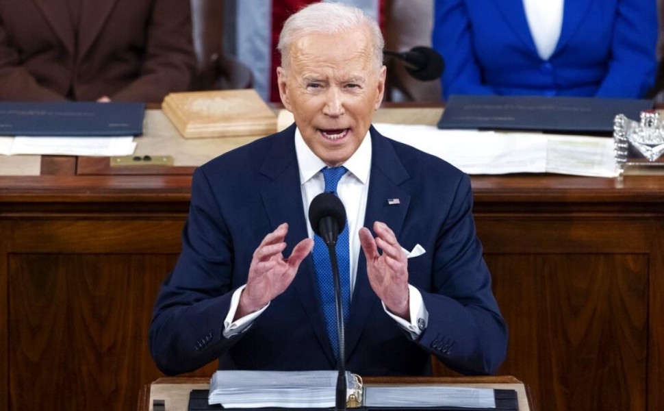 FILE - President Joe Biden delivers his first State of the Union address to a joint session of Congress at the Capitol, March 1, 2022, in Washington. (Jim Lo Scalzo/Pool via AP, File)