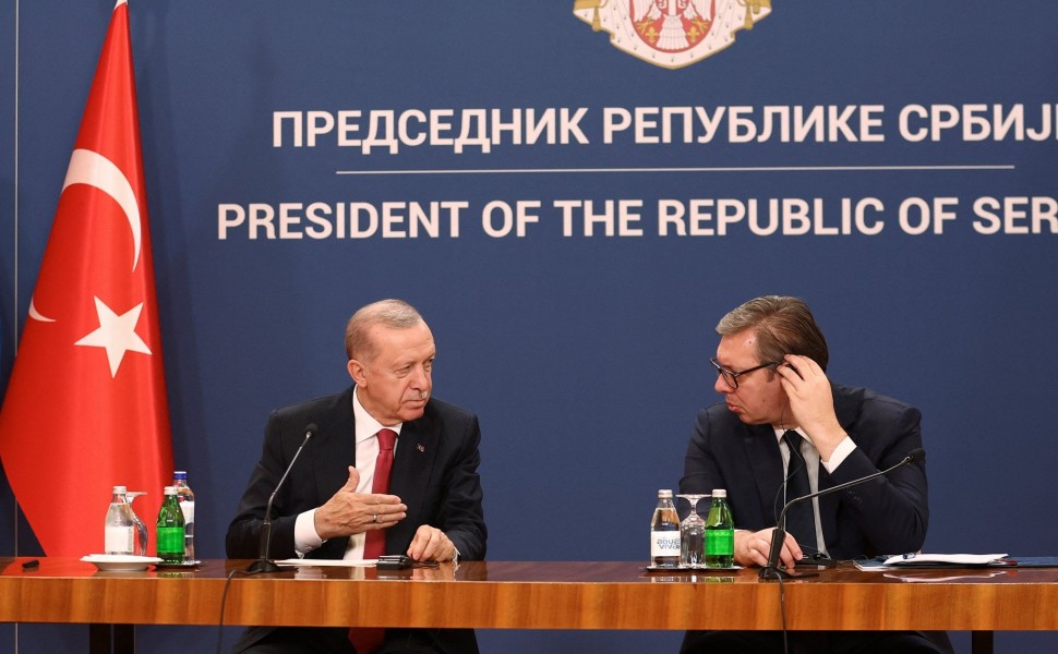 Turkish President Tayyip Erdogan and Serbian President Aleksandar Vucic attend a press conference in Belgrade, Serbia, October 11, 2024. REUTERS/Zorana Jevtic