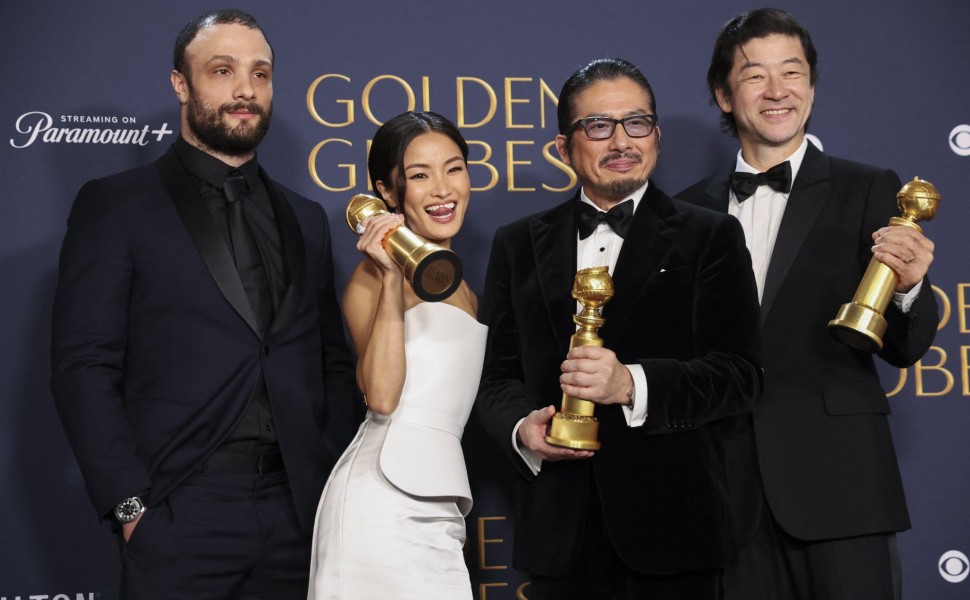 Cosmo Jarvis, Anna Sawai, Hiroyuki Sanada, Tadanobu Asano, winners of the Best Television Series - Drama Award for "Shogun", pose at the 82nd Golden Globe Awards in Beverly Hills, California, U.S., January 5, 2025. REUTERS/Mario Anzuoni